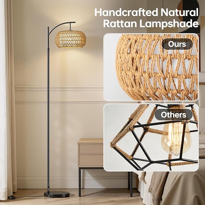 Arc Floor Lamps for Living Room Rattan Boho Floor Lamp with Shade, Boho Standing Lamp with Rattan & Fabric Shades, Adjustable Tall Lamp for Living Room Bedroom