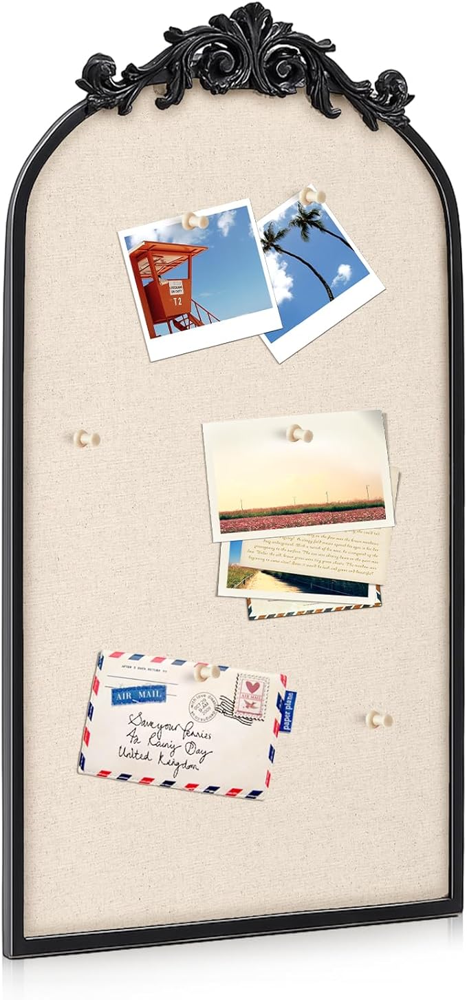 Vintage Framed Pin Board Linen Display Bulletin Board Large Cork Fabric Picture Photo Pinboard Memo Ornate Decorative Pinboard Ornate for Wall Gift(Arch,13" X 25",Retro Black)