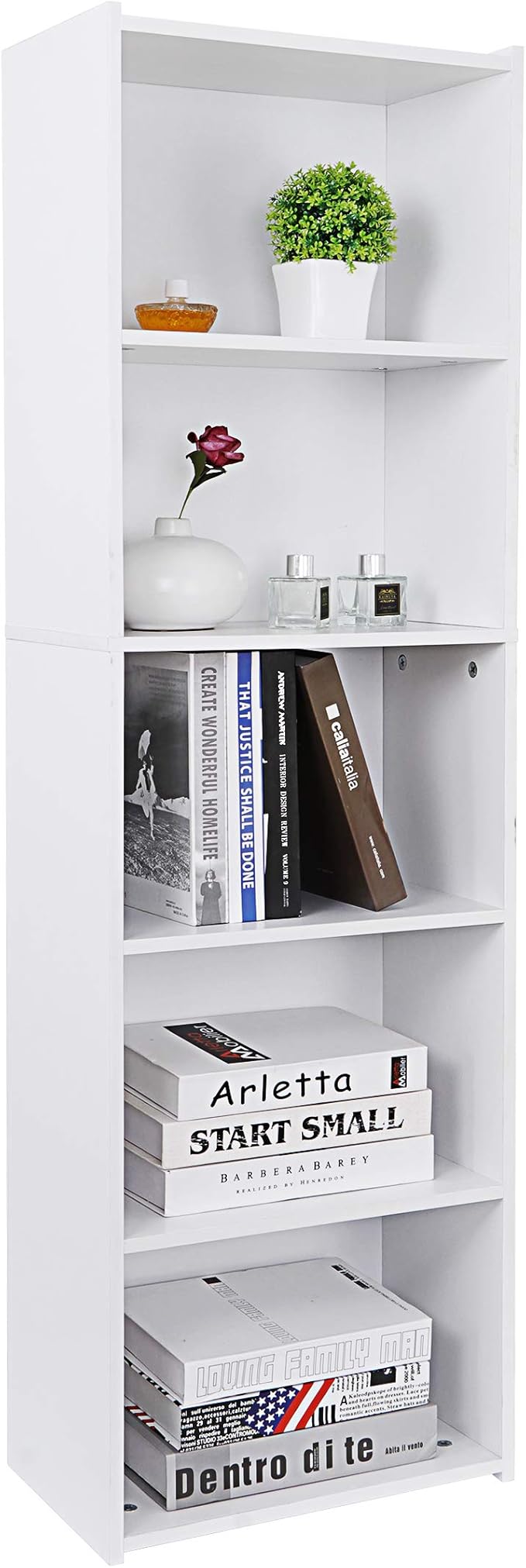 Display Storage Bookcase 5-Tier, Industrial Freestanding Bookshelf for Modern Home Office, Living Room, 52 Inch Open Shelf Rack for Books, Records, Photo Frames and Plants (White)