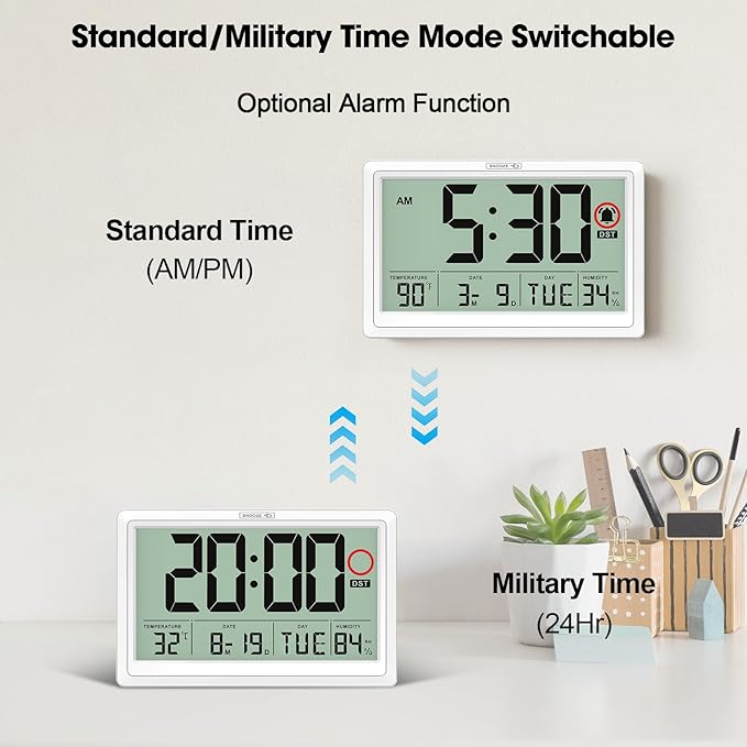 10.4'' Digital Wall Clock Battery Operated with Date/Temp/Week, Touch Snooze Function, Alarm, Temperature & Humidity - Easy to Read and Set, Auto DST