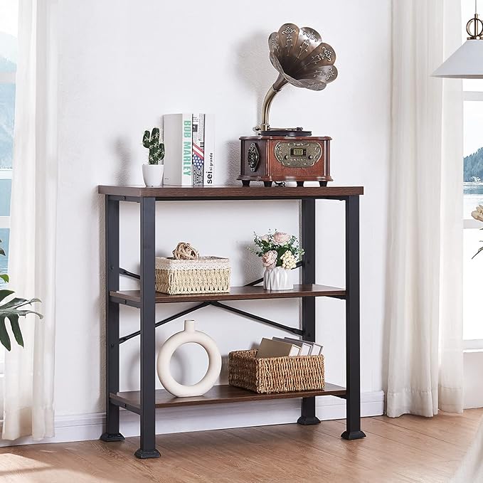 HOMBAZAAR 3 Tier Bookshelf,Rustic Brown Industrial Book Shelf,Engineered Wood and Metal Small Bookcases,Low Shelf Bookcase for Living Room,Office,Bedroom and Kitchen