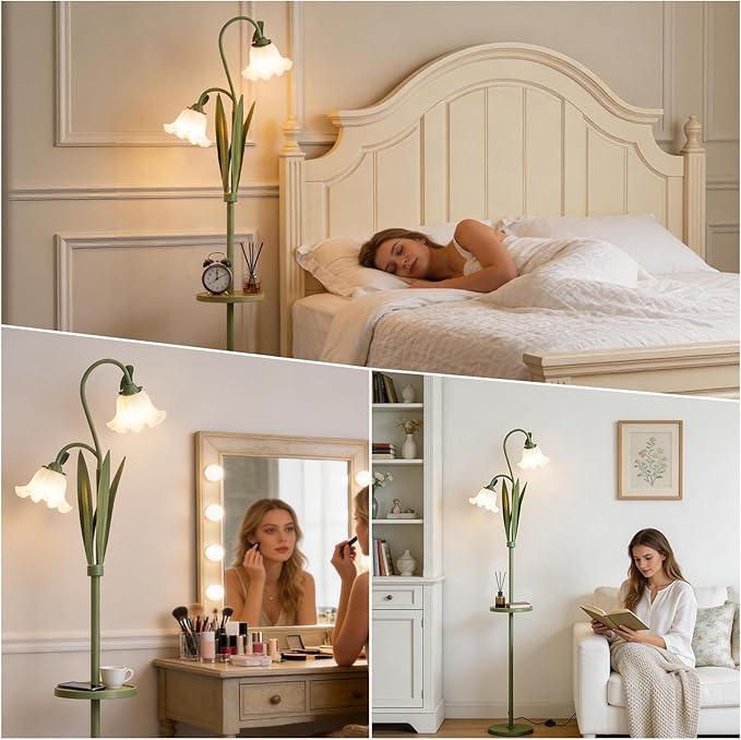 Funky Flower Floor Lamp with Table, Adjustable Gooseneck Floor Lamp with 3 Color Temperature, LED Bright Standing Lamp for Living Room, Bedroom, Corner, for Girl Women
