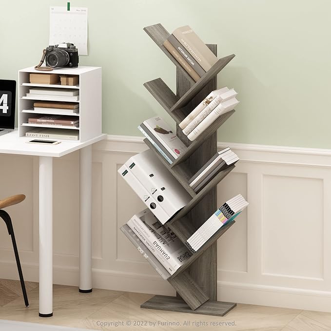 Furinno TREE Book Shelf, 9-Tier Bookshelf, Tree Bookcase with Angled Open Shelf, 8.4 x 15.7 x 50.9, for Room Decor, for Living Room, Bedroom, Home Office, French Oak