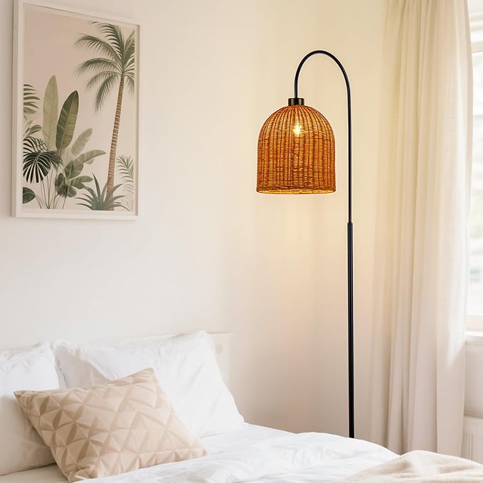 MAYNA Rattan Floor Lamp, 66 in. Bohemian Style Floor lamp with Natural Brown Rattan Shade, Rustic Curved Standing lamp for Coastal, Beach or Bohemian Decor (Coastal Black)
