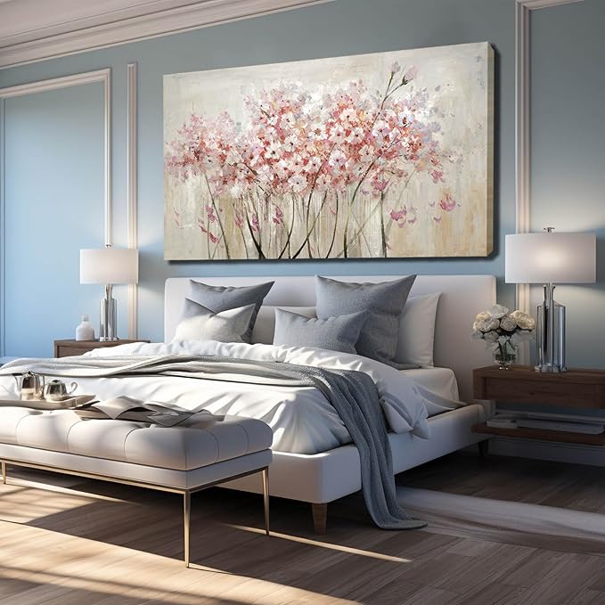 YJYart Home Decor Pink Blossom Hand Painted 30x60 Inch Colorful Wall Art Large Canvas Wall Art for Living Room Bedroom Office Kitchen