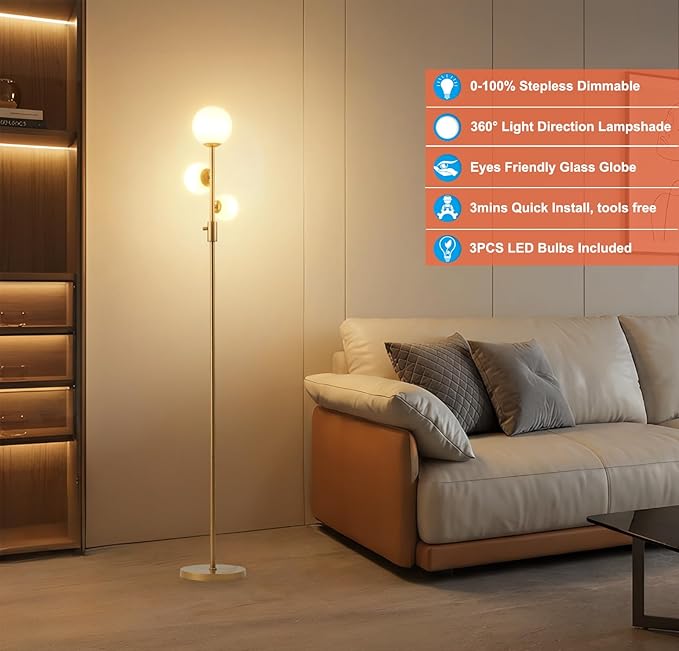 Fiqevs Dimmable 3 Globe Floor Lamp - Mid Century Modern Gold Standing Lamp with Frosted Glass Shade & LED Bulbs for Living Room, Bedroom, Office