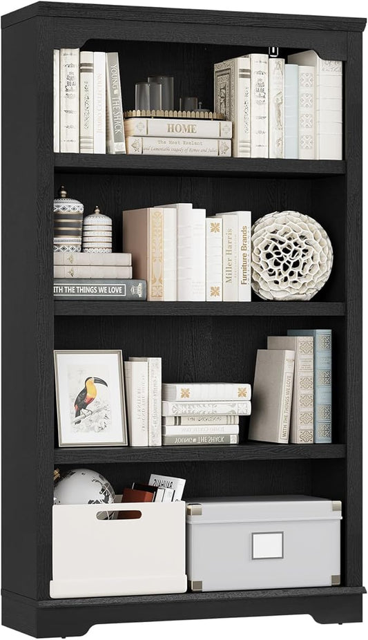 HIFYOBRO 4 Tier Bookshelf, 55 Inches Tall Bookcase, Wooden Book Shelf with Storage, Freestanding Open Display Bookshelves for Study Room, Home Office, Living Room (Black, 4-Shelf)