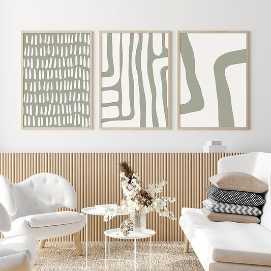 Minimalist Neutral Wall Art Decor Sage Green Boho Canvas Poster Abstract Modern Painting Wall Art Mid Century Beige Pictures Prints Gallery Line Wall Art for Bedroom 12x16 Inch Unframed Set of 3