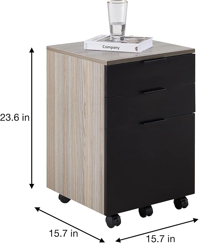 JJS 3 Drawer Rolling Wood File Cabinet with Locking Wheels, Home Office Portable Vertical Mobile Wooden Storage Filing Cabinet for A4 or Letter Size, Black