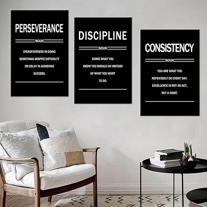 Inspirational Canvas Wall Art 3 Pieces Perseverance Discipline Consistency Posters Motivational Office Wall Decor Picture Painting for Home Living Room Gym Artwork Stretched and Framed [48''W X 24''H]