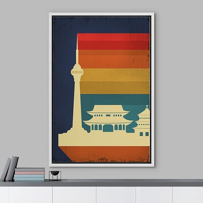 IDEA4WALL Framed Canvas Print Wall Art Retro Vintage Chinese Capitol Poster Cultural Building Illustrations Modern Art Contemporary Scenic Warm for Living Room, Bedroom, Office - 24"x36" WHITE