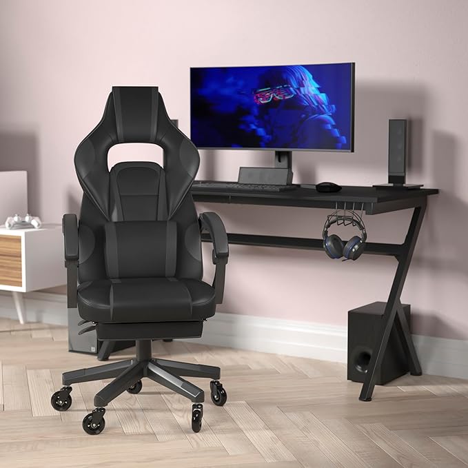 Flash Furniture X40 Gaming Chair Racing Computer Chair with Fully Reclining Back/Arms and Transparent Roller Wheels, Slide-Out Footrest, - Black/Gray