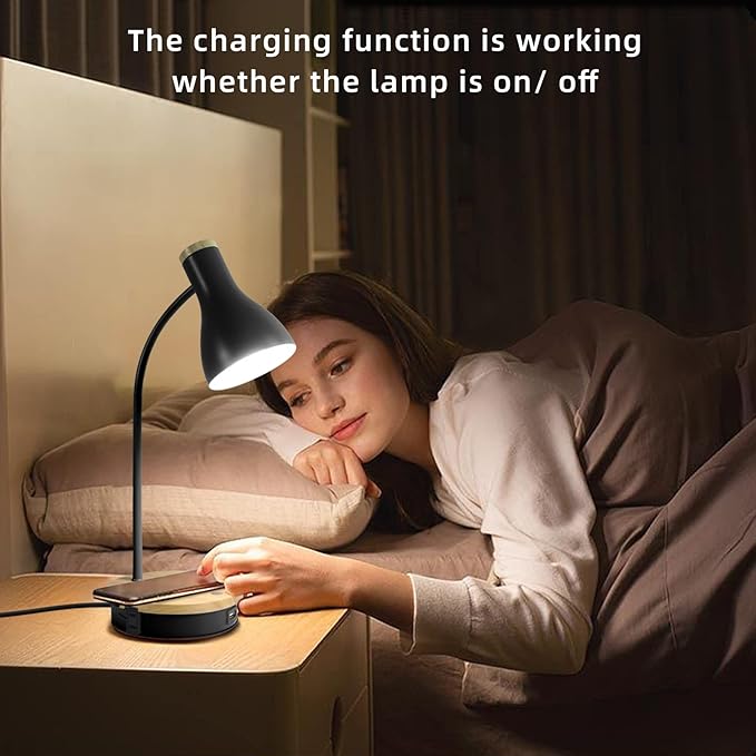 Metal Desk Lamp Wireless Charging Table Lamp Touch Reading Lights Arc Desk Lamps for Bedroom, 3 Way Dimmable Bedside Lamp with USB Charging Ports Lamp for Study Room and Office (Black)
