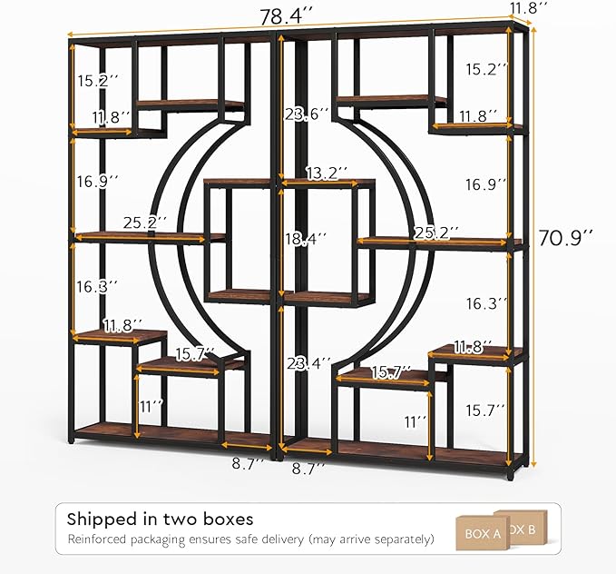 70.8" Tall Bookshelf Set of 2, 79" Wide Geometric Display Shelf with 18 Open Storage Shelves, Etagere Bookcase with Metal Frame – Anti-Tip & Adjustable Feet, Rustic Brown