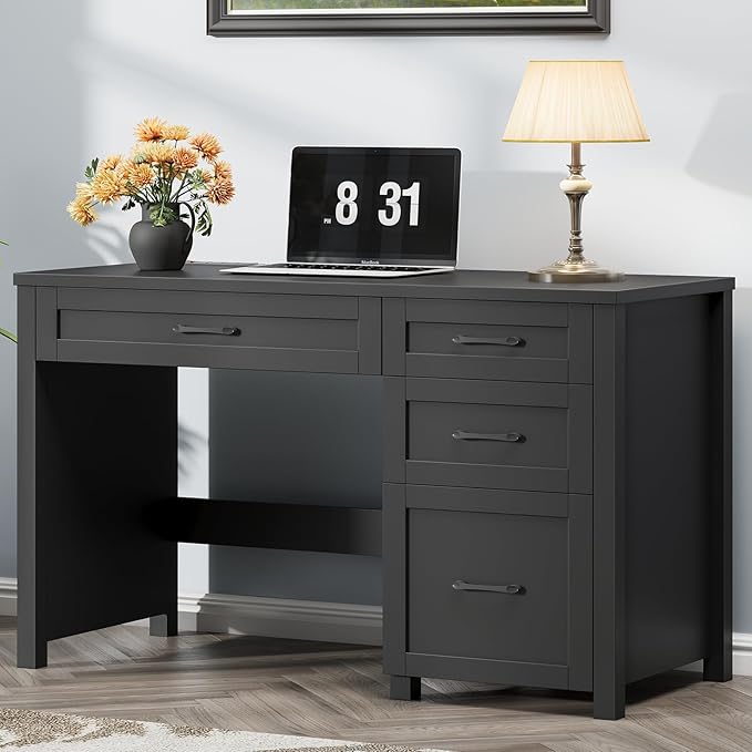 Vabches Farmhouse 47" Executive Desk, Computer Desk with File Drawer and Charging Station, Workstation for Home Office, Study,(Pure Black).