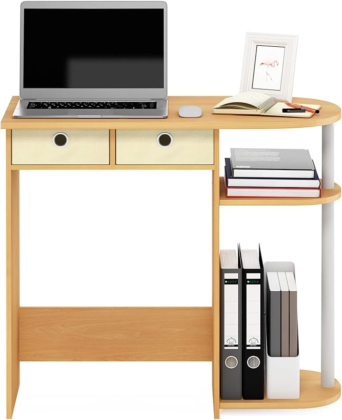 Furinno GO GREEN Desk, 31.5" Wide Gaming Desk with 2 Side Shelves and Storage Bins, Computer Desk, Office Desk for Home Office, Study Room, Dorm, Bedroom, Beech