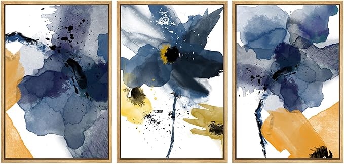 SIGNWIN Framed Canvas Wall Art Blue and Orange Blossoms Botanical Flower Watercolor Modern Art Tropical Relax/Calm for Living Room, Bedroom, Office - 16"x24"x3 Natural