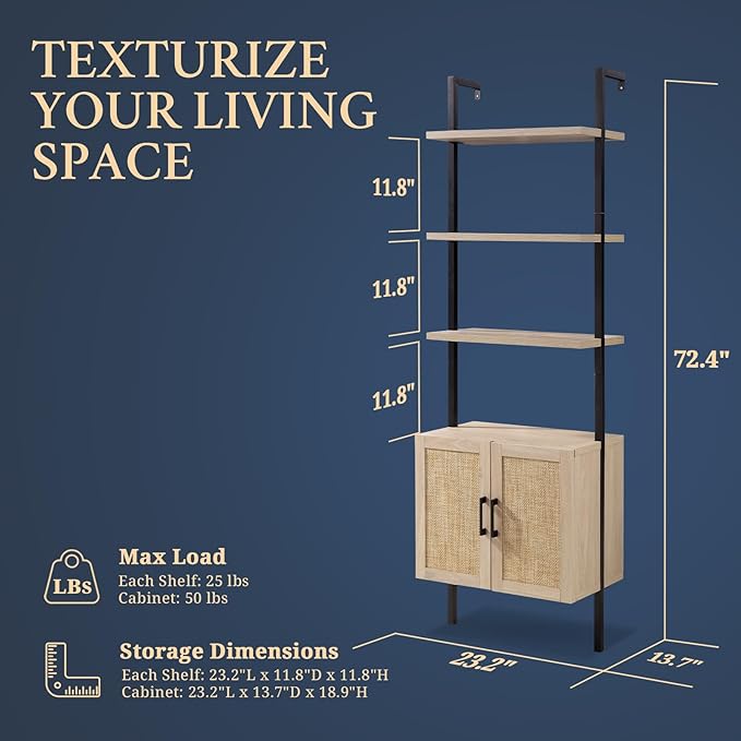 5 Tier Book Shelf, 73" Tall Bookshelf with Storage, Modern Bookcase with Shelves, Wall Mount Ladder Shelf with Steel Frame, Bookshelves with Rattan Cabinet for Living Room (Weathered Oak)