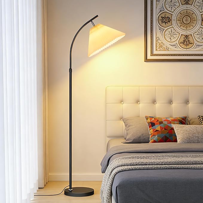 Tall Floor Lamp for Living Room Bedroom, 61"-68" Adjustable Standing Lamp with PleatedShade, Black Modern Lamp with 9W LED Dimmable 3-Color (3000K/4500K/6000K), Corner Reading Light for Office