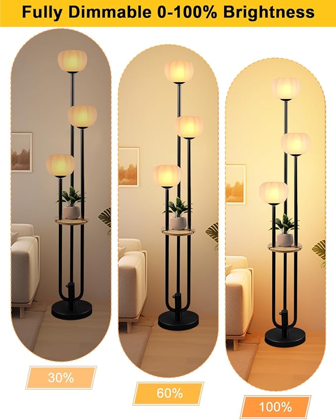 Black Floor Lamp Dimmable Modern Floor Lamps with Pumpkin Lampshade & Table, 3000K Soft Warm White Bulbs Included, 3-Light Tall Standing Lamp for Living Room/Bedroom