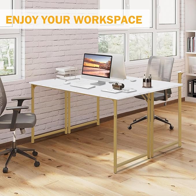 Computer Desk 47 Inch Study Writing Table, Home Office Desk with Metal Frame, Modern Gaming Desk for Office, Study and Game,Gold