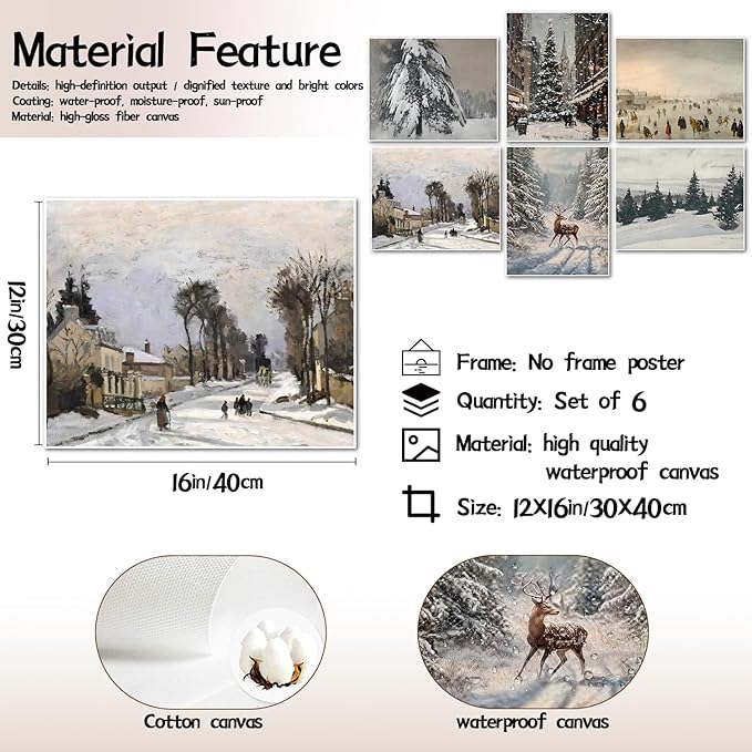 Hwetui Vintage Christmas Canvas Wall Art Poster Set of 6, Winter Tree Reindeer Pictures Wall Decor, Forest Snowy Landscape Paintings Prints Artwork for Home Living Room Bedroom 12×16 inch Unframed