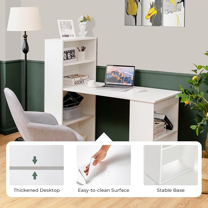 Giantex 48 Inch Computer Desk with Bookshelf, 3-in-1 Home Office Desk with 4-Tier Bookcase & CPU Stand, Space-Saving Reversible Writing Desk Work Table for Bedroom, Study Room, Office (White)