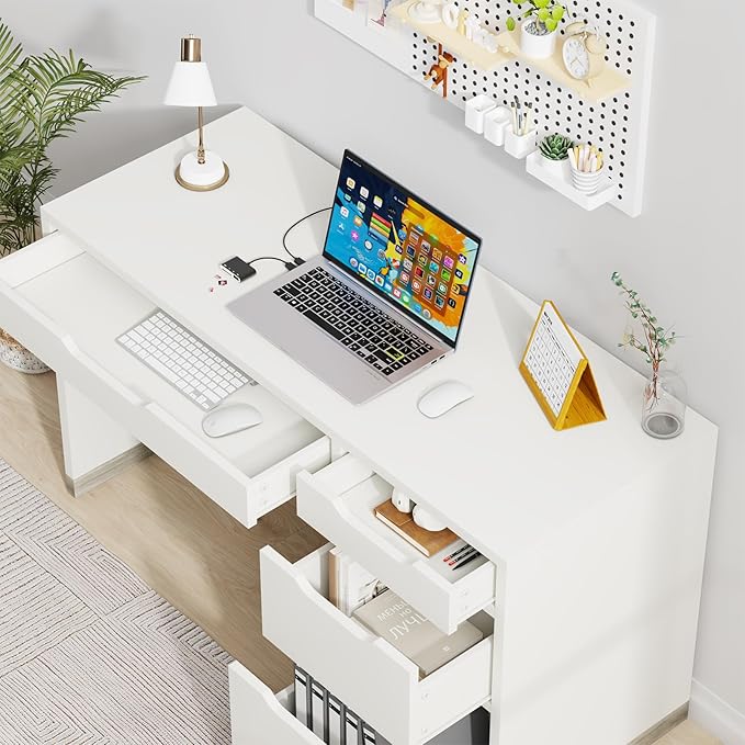 52 Inch White Desk with Drawers, Modern Home Office Desk with Storage for Bedroom, Study Desk with Storage File Drawer for Small Space