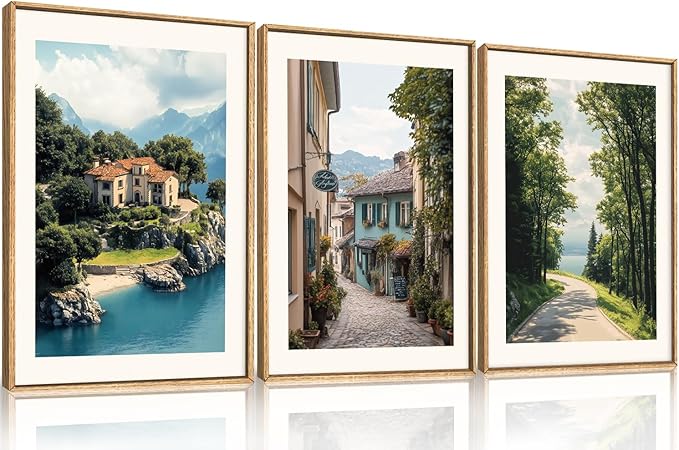 Large Vintage Italy City Coast Framed Canvas Wall Art,Modern French Country Street Wall Decor,Natural Town Tree Landscape Artwork for Living Room,Dining Room,Office -16"x24"x3