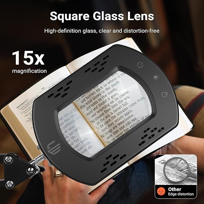 LIWEGHT 15x Square Magnifying Glass with Light and Stand, 5 Color Stepless Dimmable 2-in-1 Magnifier Desk Lamp & Clamp, Hands-Free Magnifying Glass for Reading Craft Work (Timer Function)
