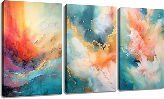 Abstract Posters Canvas Wall Art Home Decor 3 Pieces Colorful Pictures Print Rendering Painting Artwork for Modern Home Living Room Office Hotel Wall Decoration Stretched and Framed [48''Wx24''H]