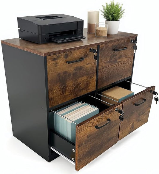 Garvee 4 Drawer File Cabinet with Lock, Wooden Locked File Cabinets Printer Stand for Home Office, Lockable Filing Cabinet for Letter/A4 Size Files, Rustic Brown and Black