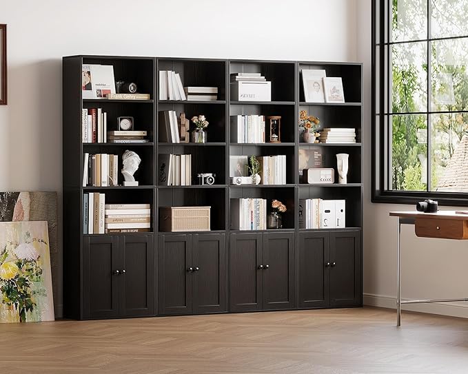 Casaottima Bookshelf and Bookcase with Doors, Floor Standing 6-Tier Shelf Display Storage Shelves, Tall Bookcases for Home Office, Living Room, Black 2 Pack