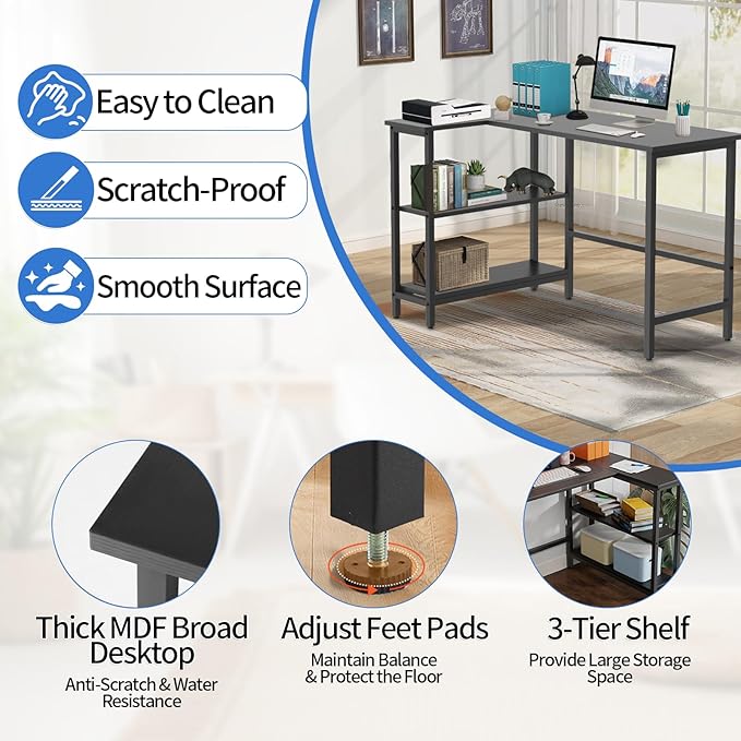 43Inch Corner Computer Desk, Gaming Desk with Reversible Storage Shelves Left/Right,Small L Shaped Desk with 2-Tier Shelves & Adjustable Feet Pad for Home Office Gaming (43 Inch)