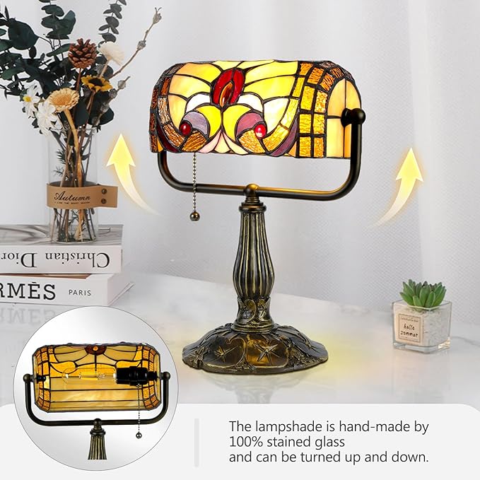 Tiffany Bankers Desk Lamp with Adjustable Shade, Baroque Style Stained Glass Piano Light with LED Bulb, Handmade Vintage Tiffany Desk Lamp for Office, Study, or Bedroom Décor.