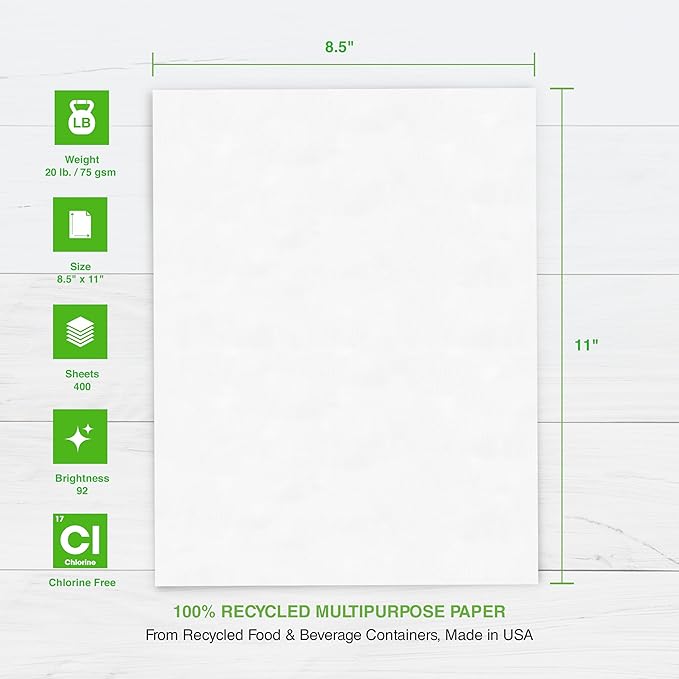 PrintWorks 100% Recycled Printer Paper 8.5" x 11" White - 20 lb Copy & Multipurpose Computer Paper - 6 Packs, 2400 Sheets - Made in the USA - 92 Bright - Printer & Copier Compatible (00018C)