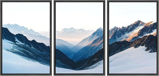 SIGNFORD Framed Wall Art Print Set Snowy Mountain Valley Majestic Winter Alpine Scene Digital Art Modern Art Contemporary for Living Room, Bedroom, Office - 24"x36"x3 Black