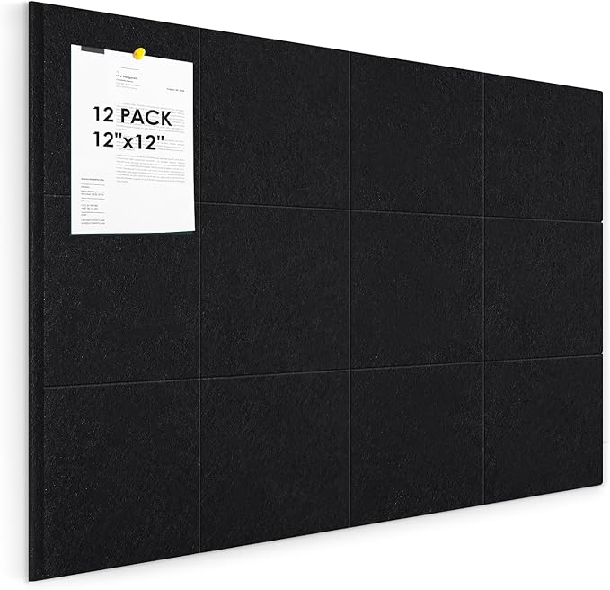 Large Cork Board for Walls 48"x36" |Cork Board Alternative| 12 Pack Felt Wall Tiles| Black Bulletin Board with Removable Adhesive | Cork Boards Pinboard for Office Home Classroom,Black