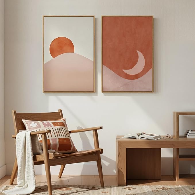 Framed Boho Sun and Moon Wall Art Set of 2 for Living Room, Terracotta Blush Mid Century Modern Canvas Artwork for Walls, Bohemian Abstract Minimalist Wall Decor for Bedroom Home Office, 16x24 Inch