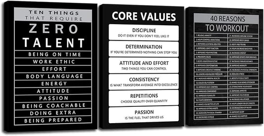 Ten Things That Require Zero Talent Inspirational Canvas Wall Art 3 Pieces Print Painting Office Decor Core Values Posters Motivational Picture for Wall Art Decor Living room Framed [60''Wx 28''H]