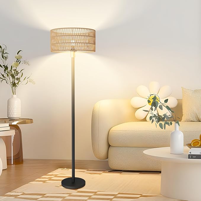 Cordless Rattan Floor Lamp with 3 Color Temperature, Dimmable Rechargeable Farmhouse Floor Lamp with Pull Cord Switch, Boho Tall Standing for Living Room, Includes 2 Bulbs