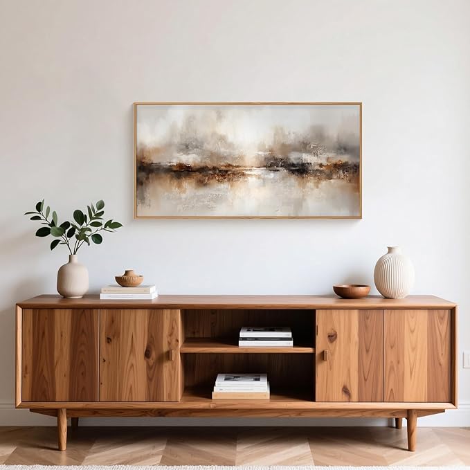 Large Abstract Brown Pastel Framed Canvas Wall Art,Neutral Black Gray Wall Decor,Modern Brush Stroke Painting,Minimalist Textured Artwork for Living Room,Bedroom,Dining Room,Office -20"x40"x1