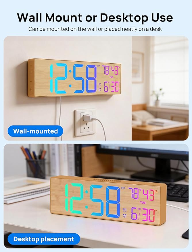 2026 Upgrade 18.5" Large Digital Wall Clock with Remote Control, Big LED Display Digital Clocks with Night Light, Alarm, Countdown, DST, Temp for Parlor, Bedroom, Office, Gifts for Seniors(Light Wood)