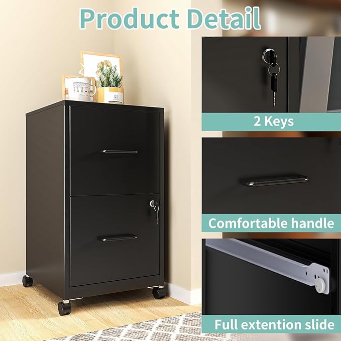 2 Drawer File Cabinet with Wheels, Metal Mobile Filing Cabinets with Lock, Vertical File Cabinet for Home Office, Rolling Storage Cabinet for A4/Letter/Legal Size File, Assembly Required, Black