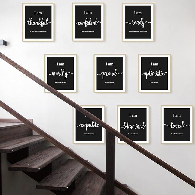 Outus 9 Pieces Inspirational Motivational Wall Art Office Bedroom Wall Art,Daily Positive Affirmations for Men Women Kids Inspirational Positive Quotes Sayings Decor(Black)