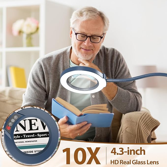 10X Magnifying Glass with Light and Stand, 24" Flexible Gooseneck Magnifying Floor Lamp, 3-in-1 LED 5 Color Modes Stepless Dimmable Lighted Magnifier Hands Free for Close Work, Reading - Blue