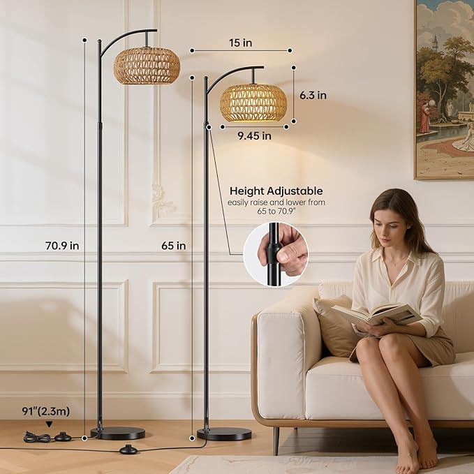 Arc Floor Lamps for Living Room Rattan Boho Floor Lamp with Shade, Boho Standing Lamp with Rattan & Fabric Shades, Adjustable Tall Lamp for Living Room Bedroom