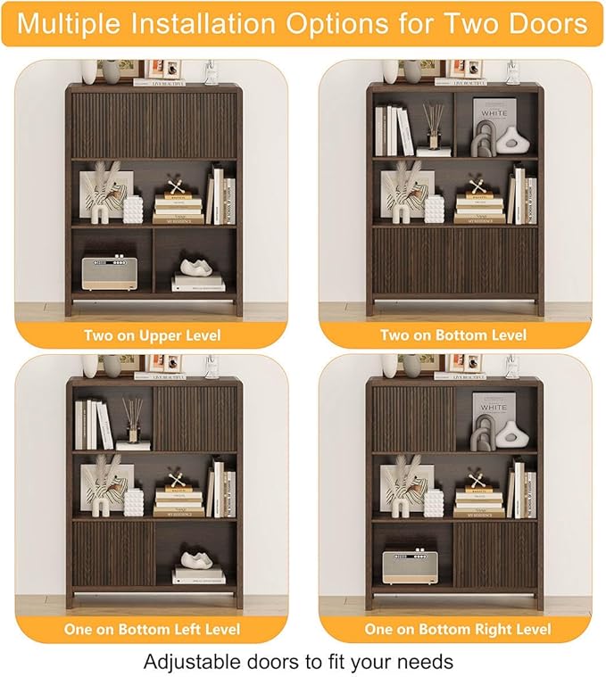 FATORRI Cube Bookshelf with 2 Doors, 4 Tier Wooden Bookcase, 5 Cube Storage Organizer for Home Office (Dark Walnut)