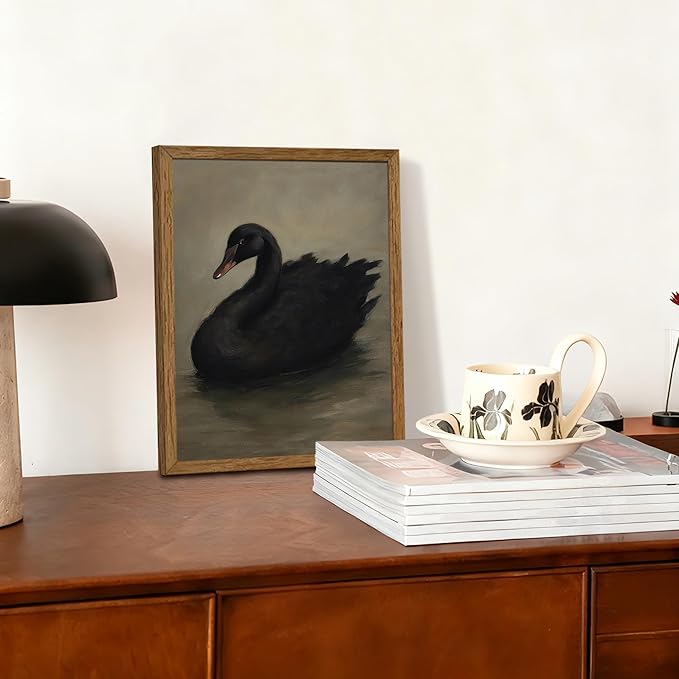 AVECCO Framed Vintage Gothic Black Swan Canvas Wall Art, Rustic Farmhouse Wall Decor, Unique Animal Art Prints for Kid's Room Bathroom Bedroom Living Room Office Home Decoration Ready to Hang 8x10 In