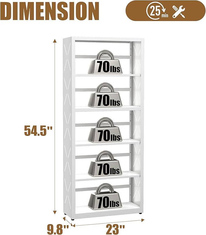 5 Tier Bookshelf, 55"Tall Metal Bookcase with Adjustable Shelves, Modern Display Book Shelf, White Bookcase Shelf, Utility Shelf, Storage Shelves for Office, Living Room, Kitchen, Study-23"W
